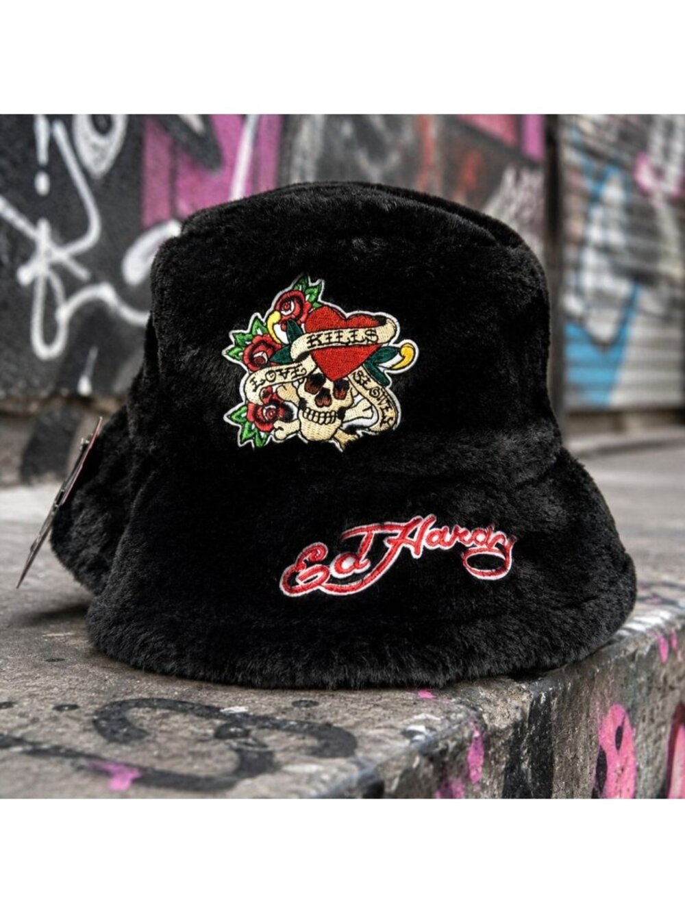 Ed Hardy Black Faux Fur Bucket Hat w Fuzzy Tattoo Graphics Logo Embroidery